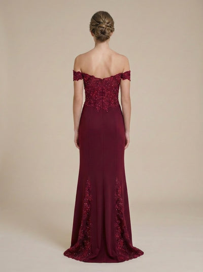 Clearance Burgundy Size M Beaded Embroidered Off-Shoulder Mesh Mermaid Formal Gown By Lenovia 8137