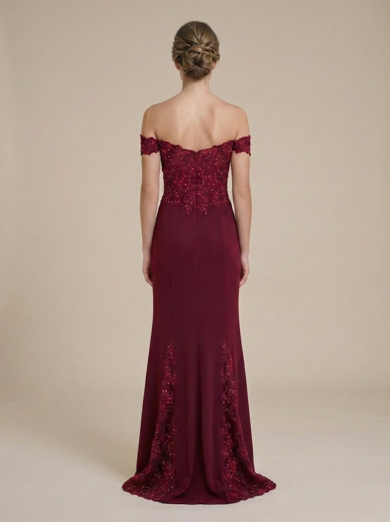 Clearance Burgundy Size M Beaded Embroidered Off-Shoulder Mesh Mermaid Formal Gown By Lenovia 8137