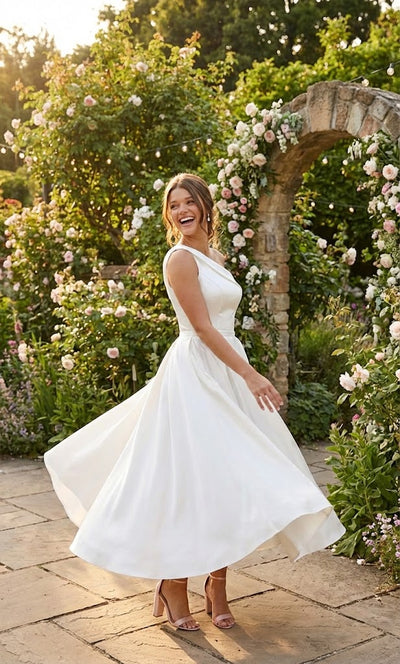 One Shoulder Satin Tea Length Wedding Dress Elegant A-Line Midi Bridal Gown