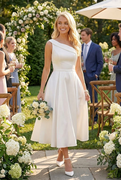 One Shoulder Satin Tea Length Wedding Dress Elegant A-Line Midi Bridal Gown