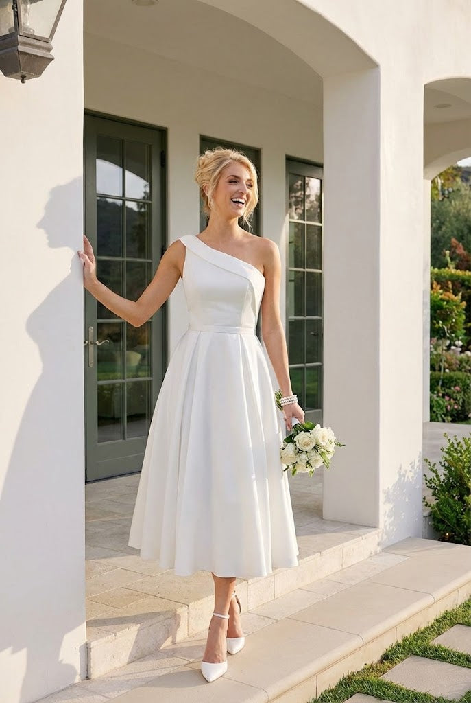 One Shoulder Satin Tea Length Wedding Dress Elegant A-Line Midi Bridal Gown