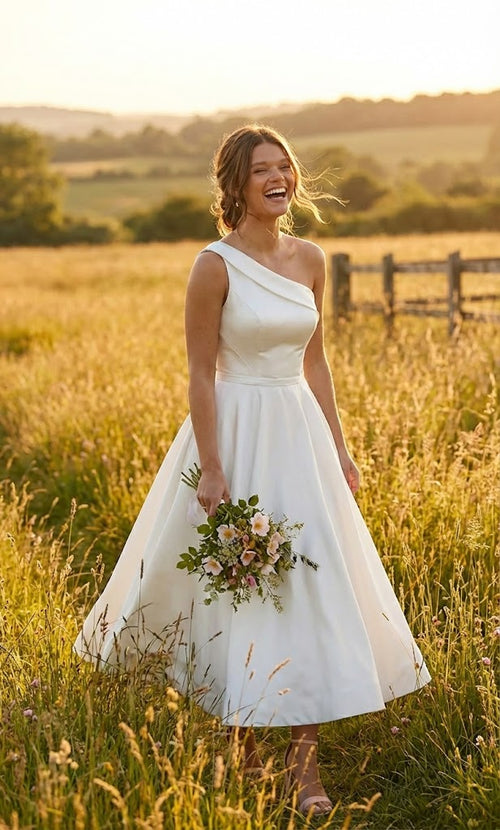 One Shoulder Satin Tea Length Wedding Dress Elegant A-Line Midi Bridal Gown