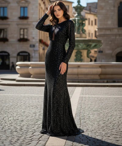 Long Sleeve Stretchy Red Carpet Sequin Formal Dress
