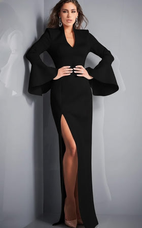 Clearance Black Size 12 Evening Dress with Bell Sleeves & High Slit By Jovani 04240