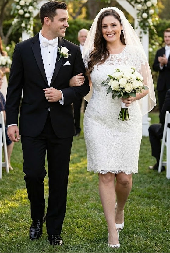 Short Sleeve Ivory Wedding Dress Modest Lace Knee Length Bridal Attire