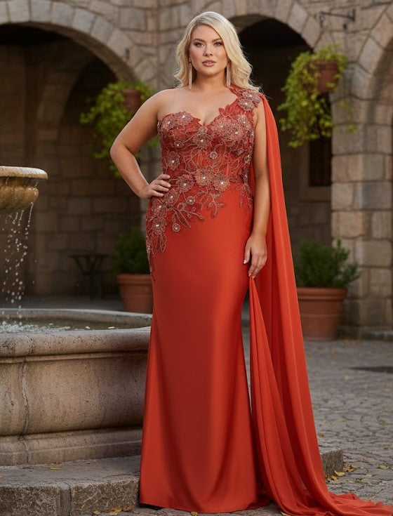 Royal Queen RQ7943 Long Embroidered One Shoulder Prom Dress With Cape