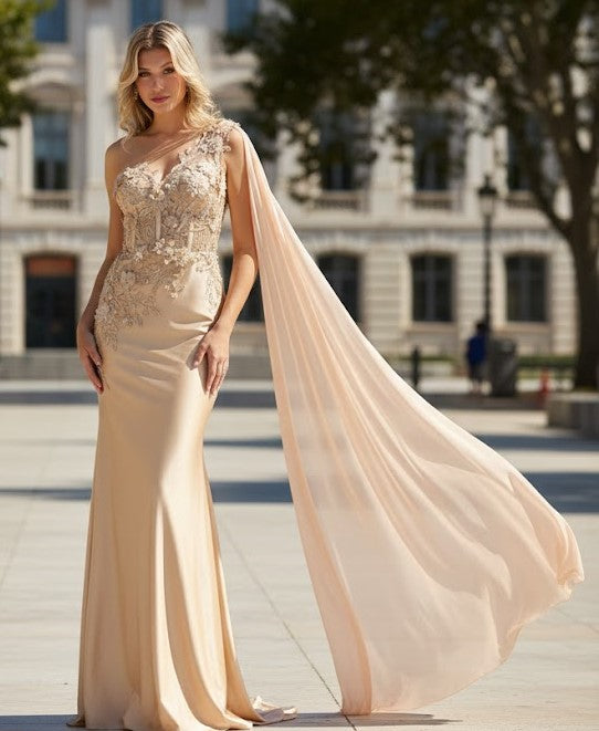Royal Queen RQ7943 Long Embroidered One Shoulder Prom Dress With Cape