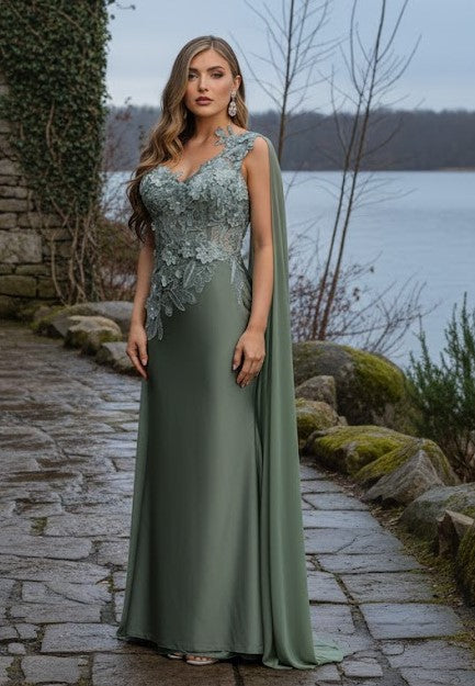 Royal Queen RQ7943 Long Embroidered One Shoulder Prom Dress With Cape