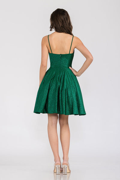 Lenovia 3075 Short Metallic V-Neck A-Line Dress with Pockets