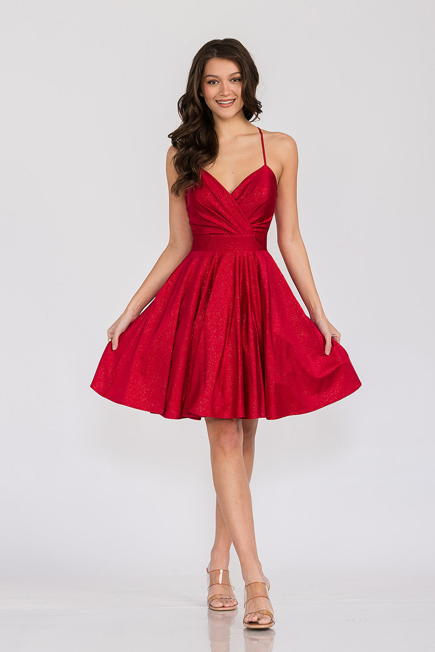 Lenovia 3075 Short Metallic V-Neck A-Line Dress with Pockets