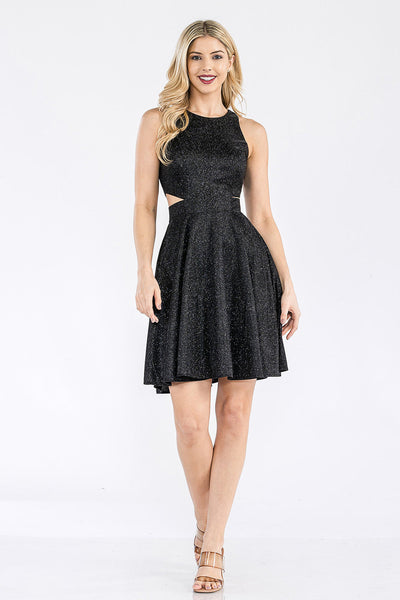 Lenovia 3063 Short Metallic Glitter Halter A-line Dress with Pockets
