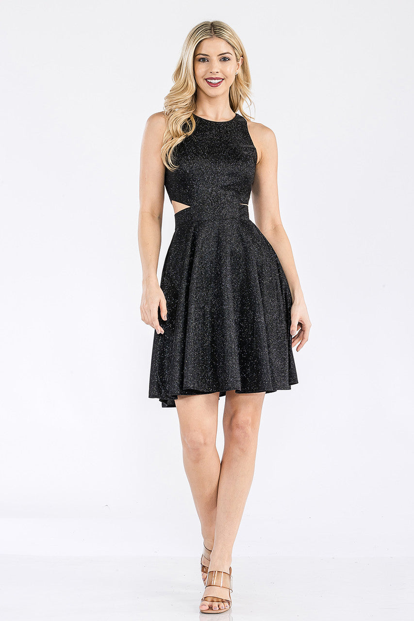 Lenovia 3063 Short Metallic Glitter Halter A-line Dress with Pockets