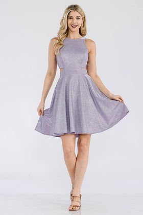 Lenovia 3063 Short Metallic Glitter Halter A-line Dress with Pockets