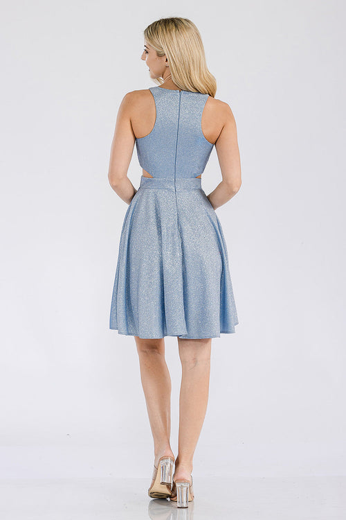 Lenovia 3063 Short Metallic Glitter Halter A-line Dress with Pockets