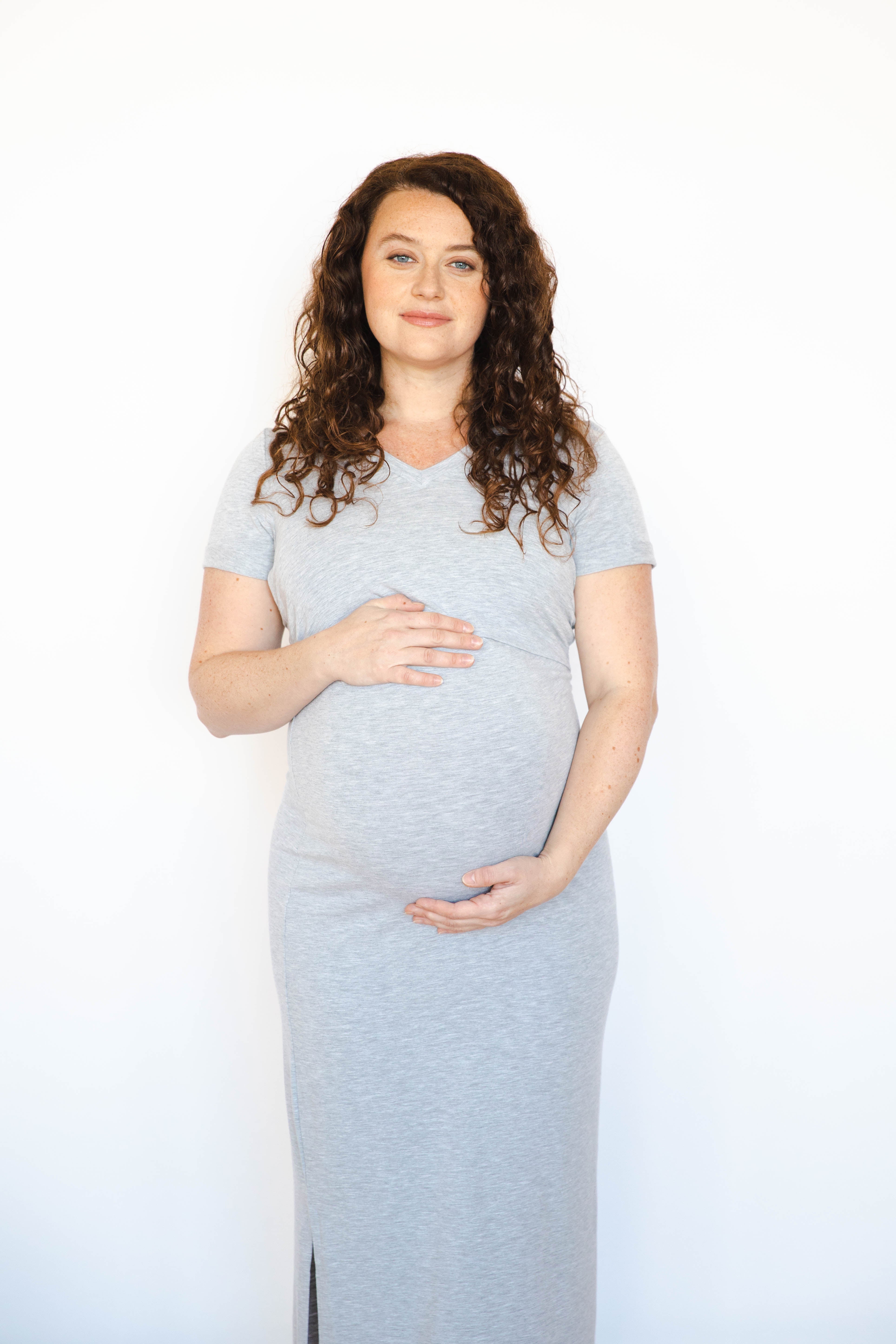 Light Gray Tea Length Short Sleeve Maternity Everyday Breastfeeding Dress with Panel