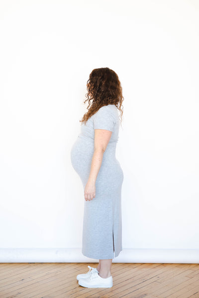 Light Gray Tea Length Short Sleeve Maternity Everyday Breastfeeding Dress with Panel