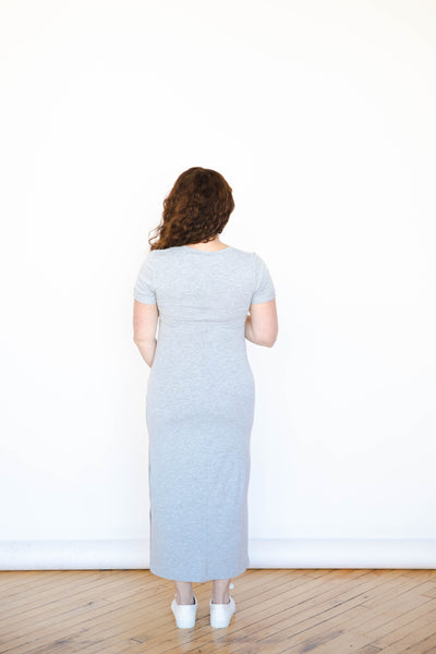 Light Gray Tea Length Short Sleeve Maternity Everyday Breastfeeding Dress with Panel