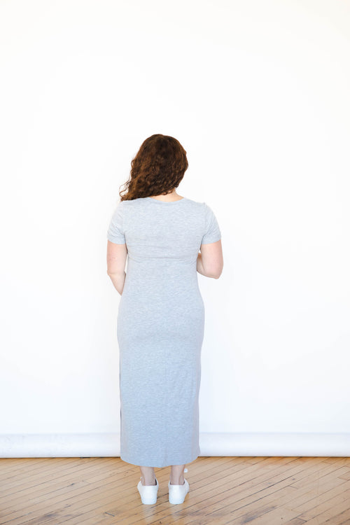Light Gray Tea Length Short Sleeve Maternity Everyday Breastfeeding Dress with Panel