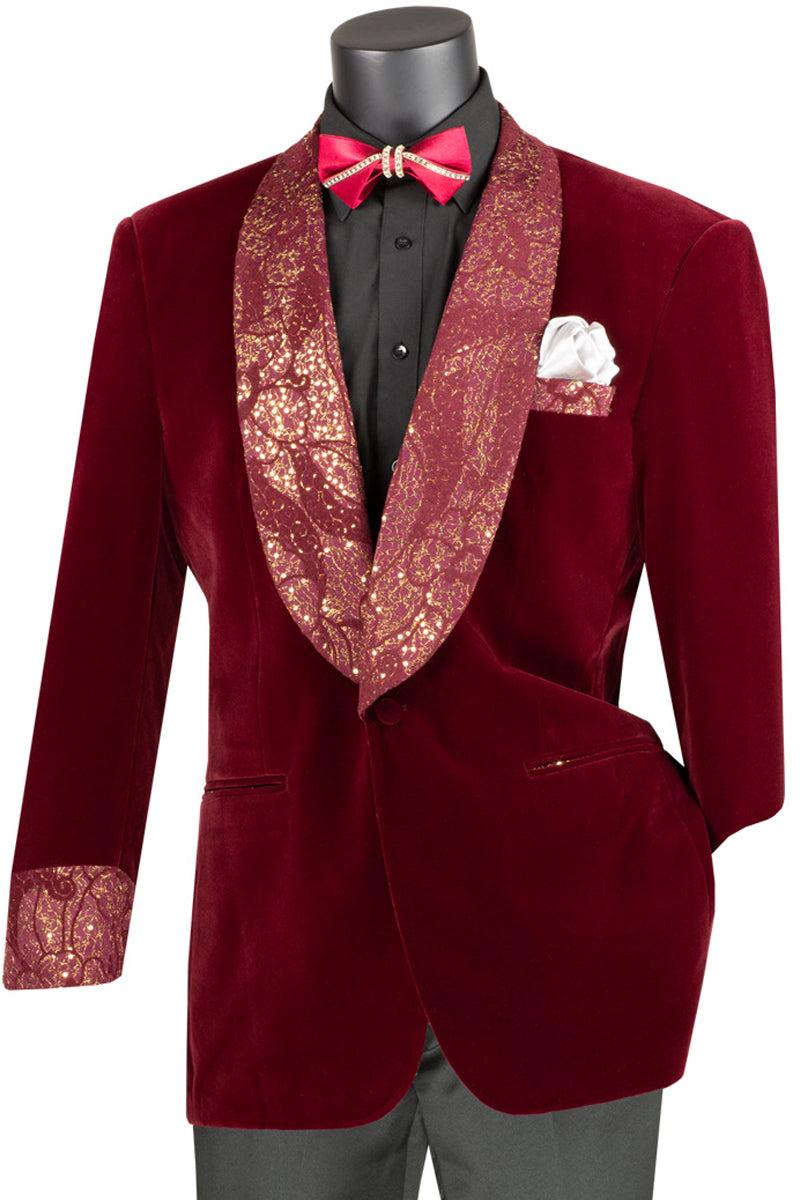 Chaqueta de esmoquin de terciopelo para hombre con solapa y puños con purpurina paisley en burdeos