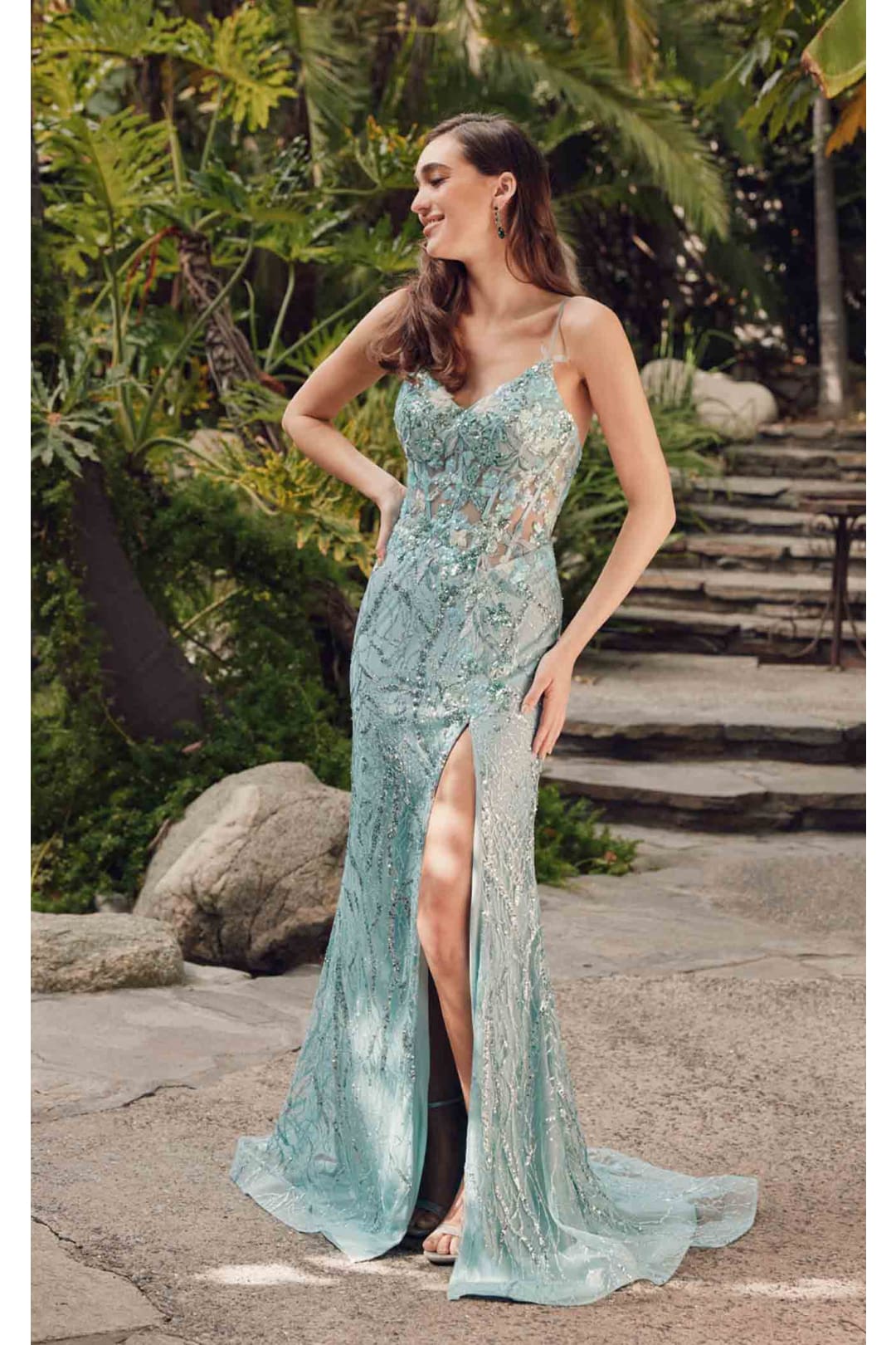 V-Neck Corset Bodice Prom Gown by Juliet JT2425A
