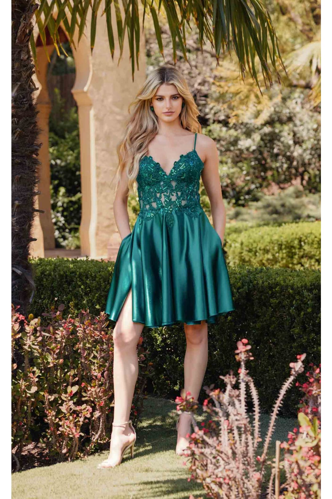 V-Neck Leaf Lace Corset Bodice Satin Skirt Dress by Juliet JT940R - Dress
