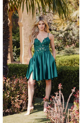 V-Neck Leaf Lace Corset Bodice Satin Skirt Dress by Juliet JT940R - Dress