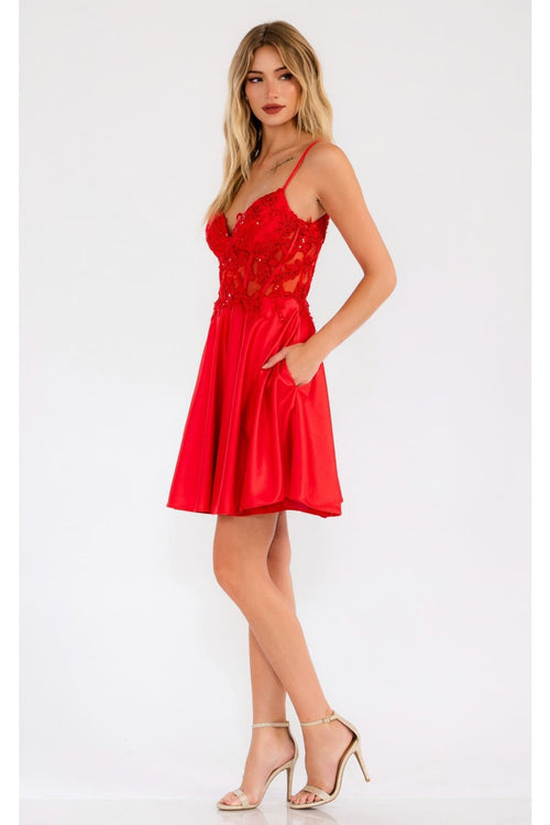 V-Neck Leaf Lace Corset Bodice Satin Skirt Dress by Juliet JT940R - Dress