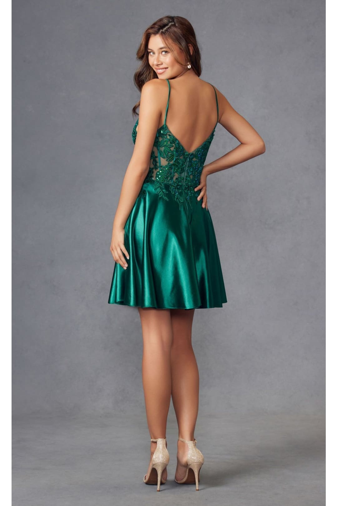 V-Neck Leaf Lace Corset Bodice Satin Skirt Dress by Juliet JT940R - Dress