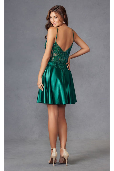 V-Neck Leaf Lace Corset Bodice Satin Skirt Dress by Juliet JT940R - Dress