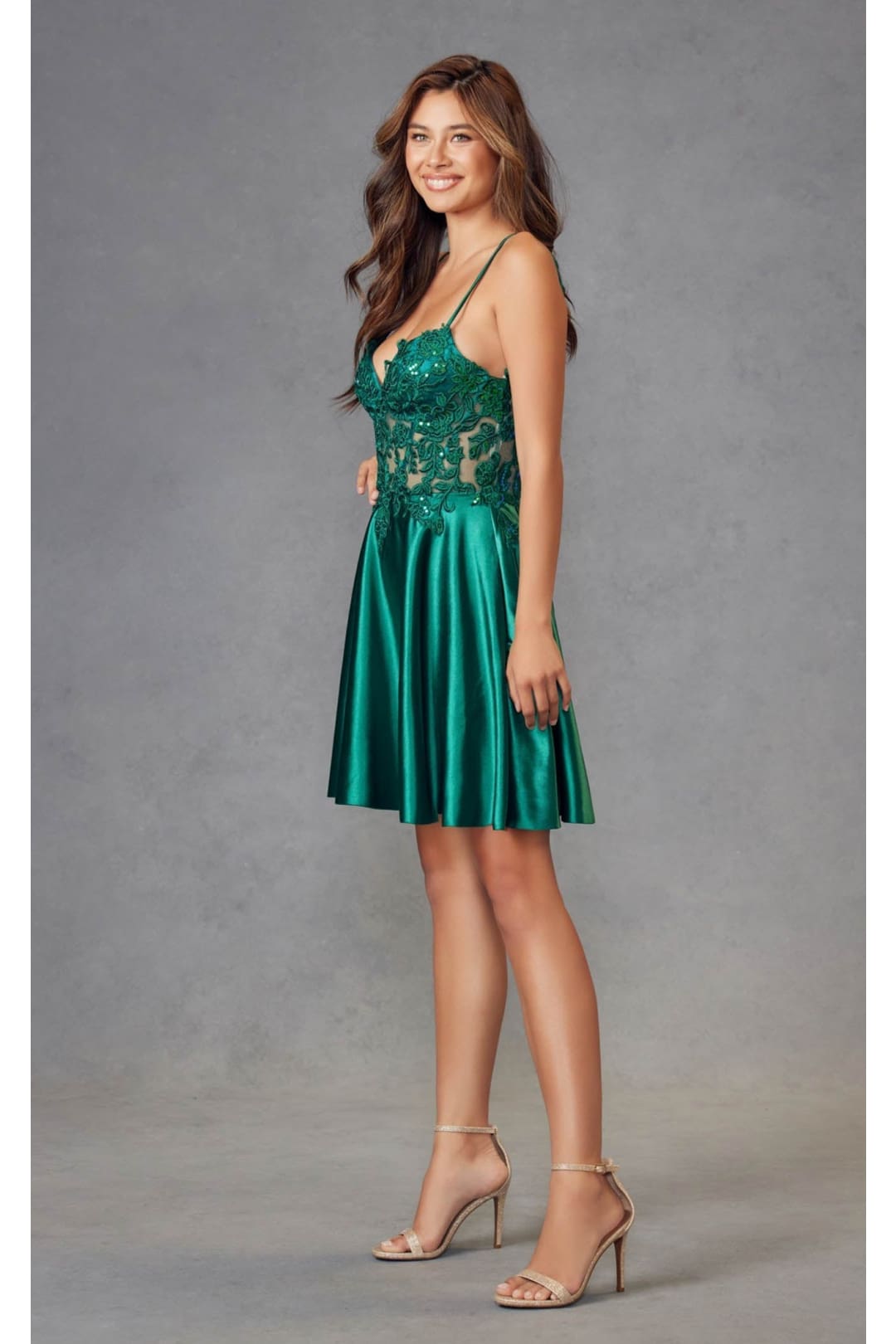 V-Neck Leaf Lace Corset Bodice Satin Skirt Dress by Juliet JT940R - Dress