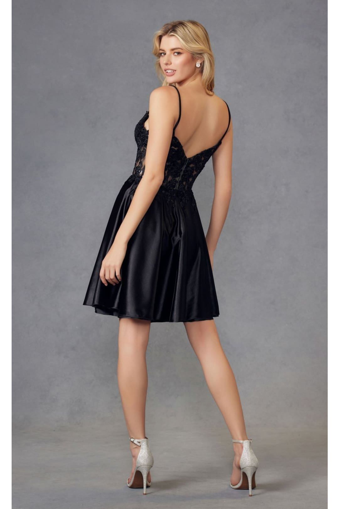 V-Neck Leaf Lace Corset Bodice Satin Skirt Dress by Juliet JT940R - Dress