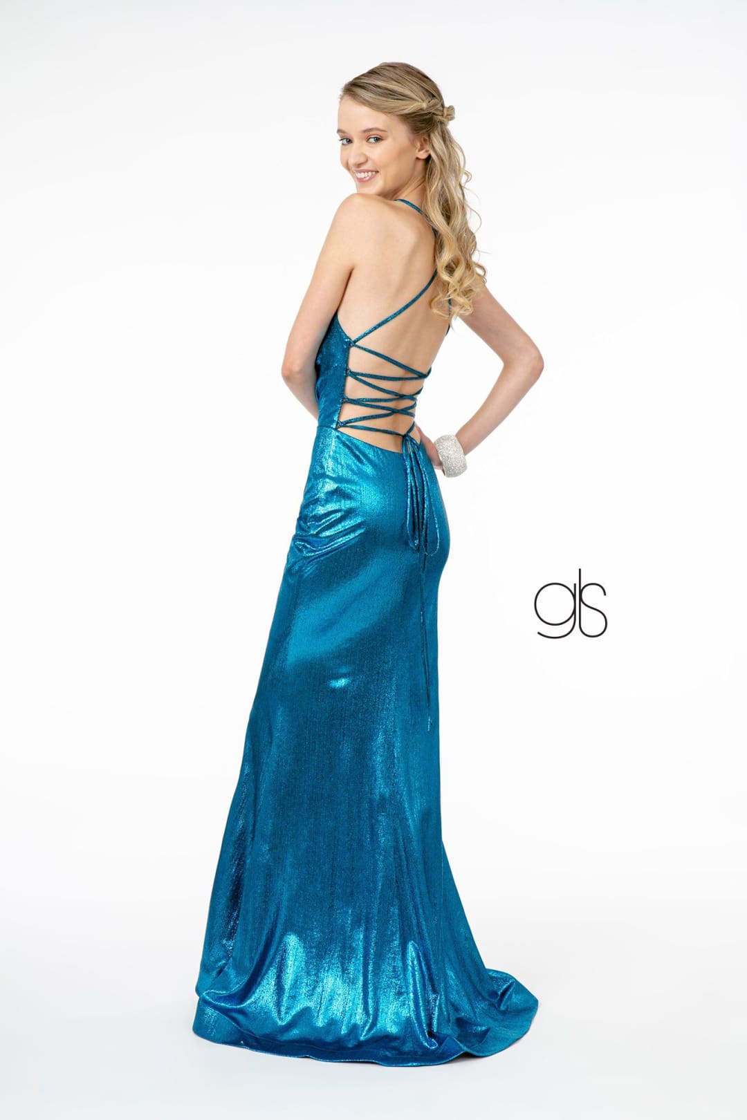 V-Neck Metallic Mermaid Gown with Corset Back by Elizabeth K GL2943 - Long Formal Dresses