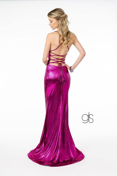 V-Neck Metallic Mermaid Gown with Corset Back by Elizabeth K GL2943 - Long Formal Dresses