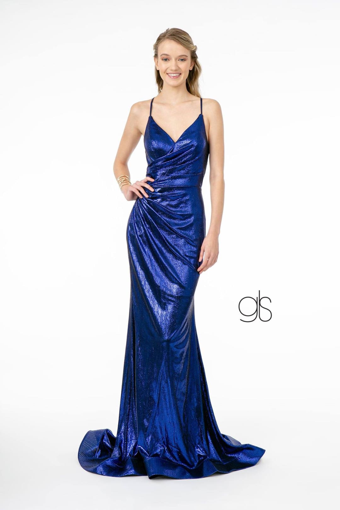 V-Neck Metallic Mermaid Gown with Corset Back by Elizabeth K GL2943 - L / Royal Blue - Long Formal Dresses