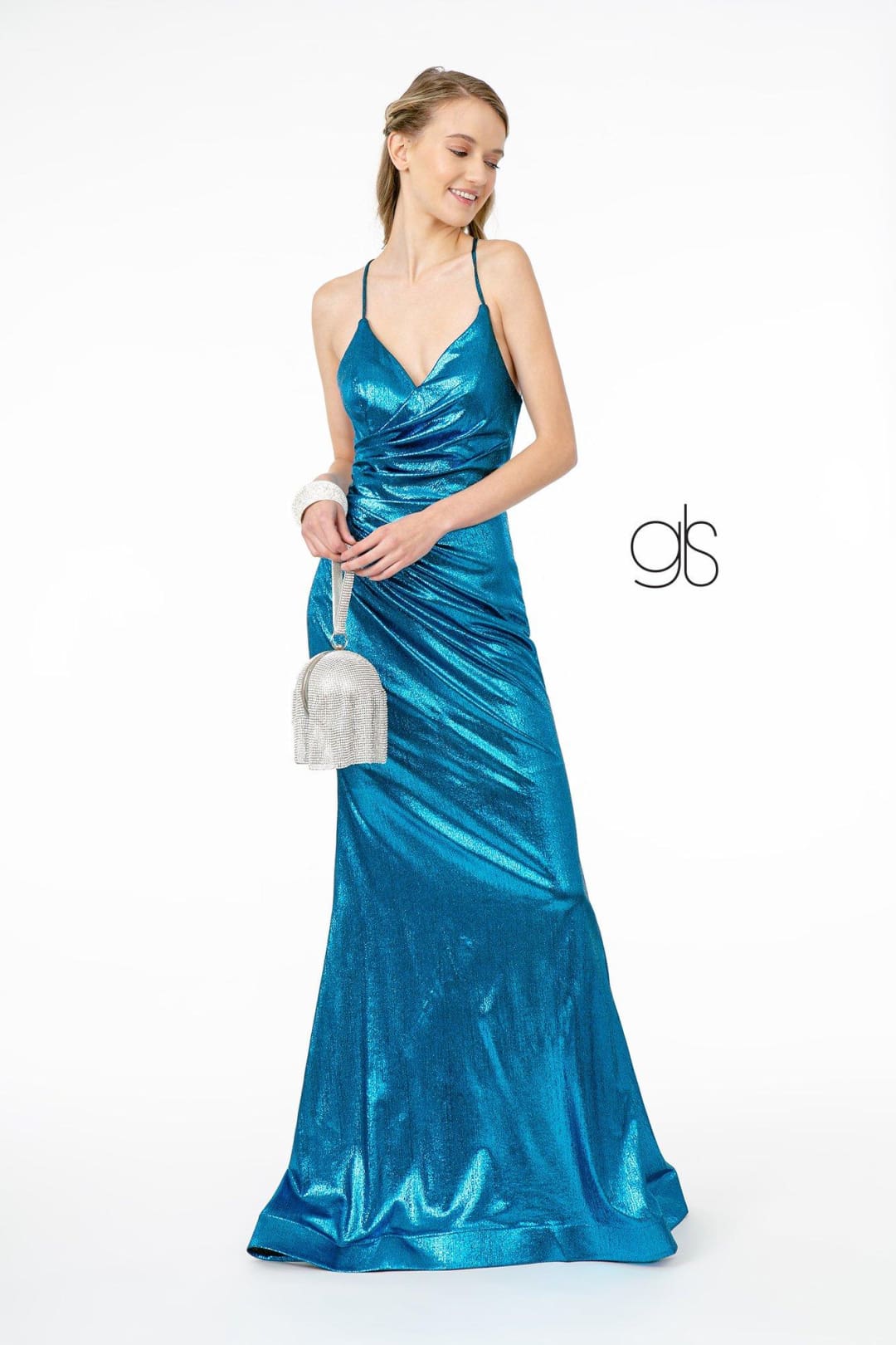 V-Neck Metallic Mermaid Gown with Corset Back by Elizabeth K GL2943 - XS / Turquoise - Long Formal Dresses