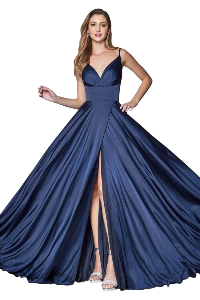 V-Neck Satin A-Line Dress 2025 Elegant Formal Gown - Navy / 2 - Prom