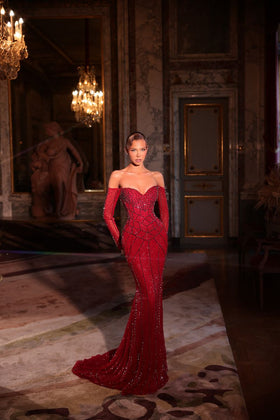 Chic and Holland HF110676 Off-the-Shoulder Sweetheart Long Sleeve Sheath Prom Gown