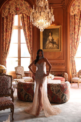 Chic and Holland EW990070 Strapless Sweetheart Beaded Sheath Prom Gown with Slit