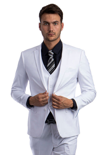 Traje básico liso de dos botones para hombre, corte entallado, con chaleco, color blanco