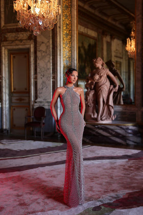 Chic and Holland PH120151 Halter Neck Beaded Sheath Evening Gown