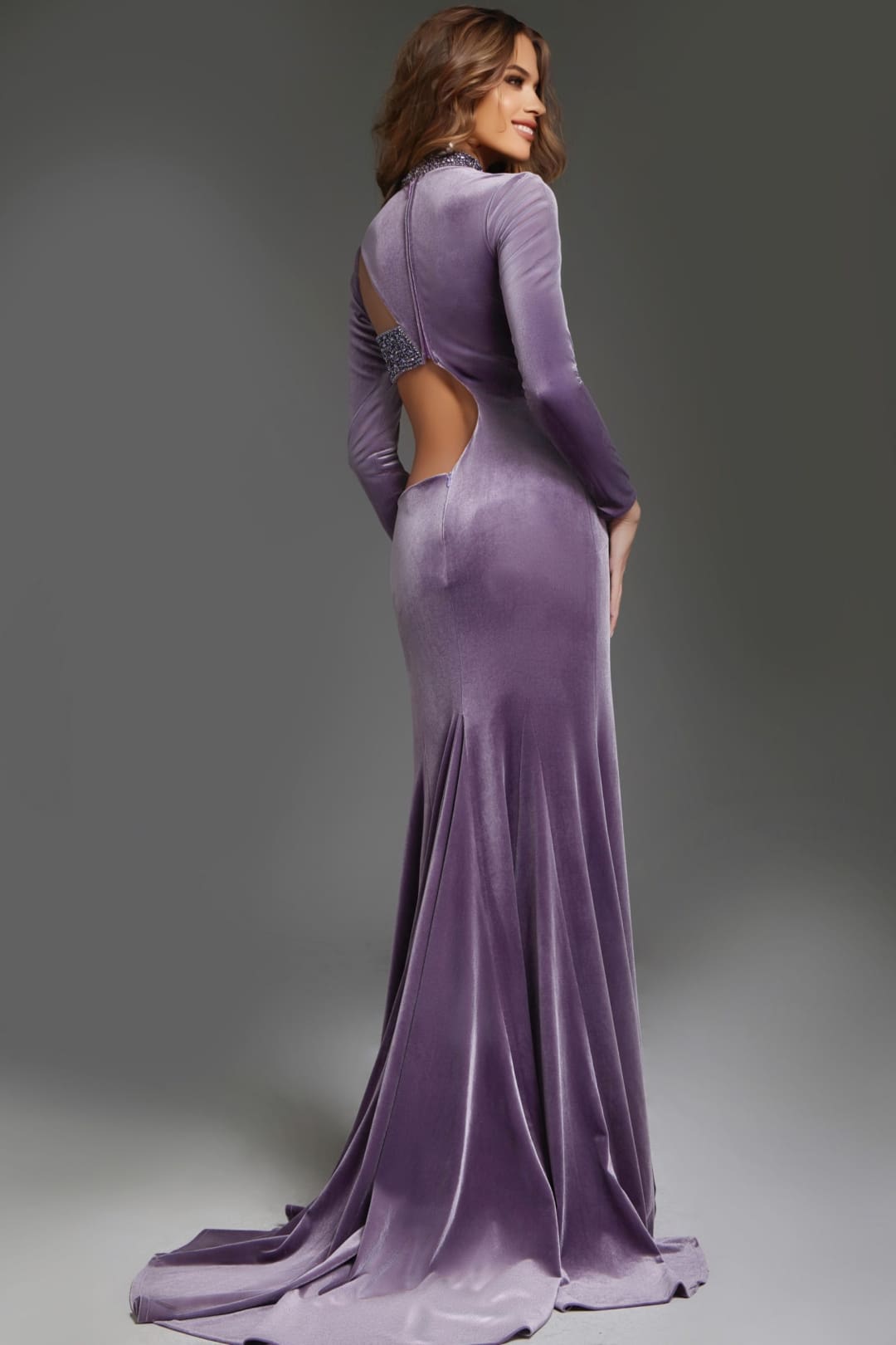 Velvet Fitted Long Sleeve Slit Gown by Jovani 40124 - Long Formal Dresses