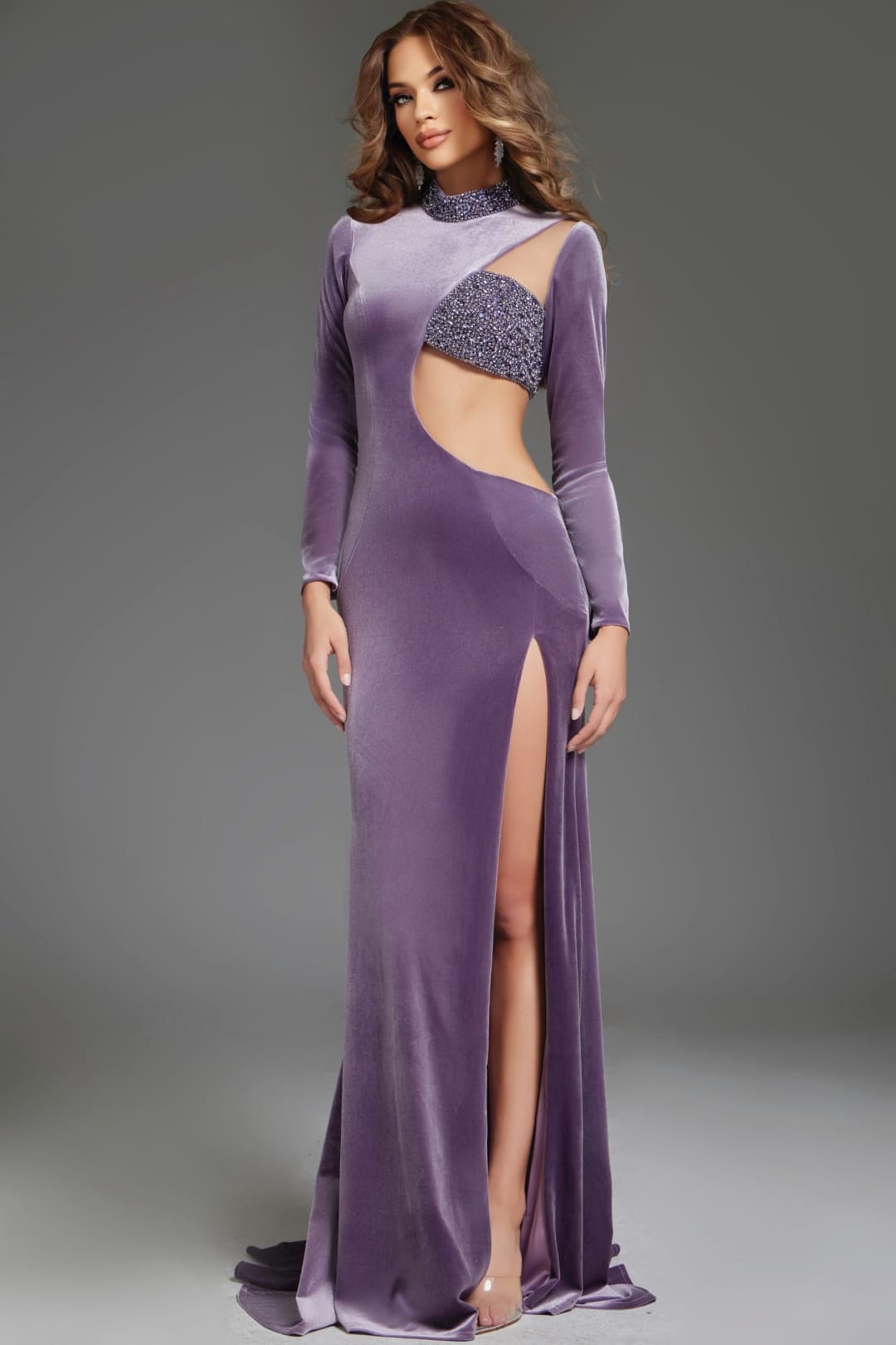 Velvet Fitted Long Sleeve Slit Gown by Jovani 40124 - Long Formal Dresses