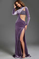 Velvet Fitted Long Sleeve Slit Gown by Jovani 40124 - 00 / Amethyst - Long Formal Dresses