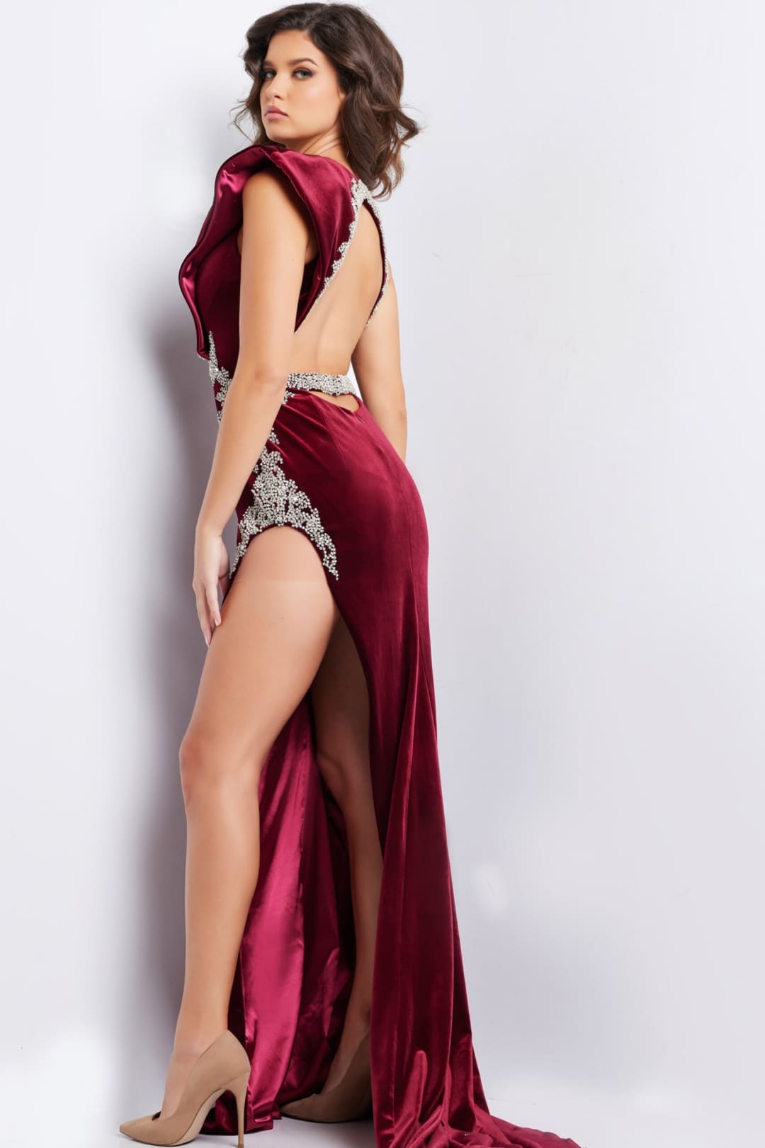 Velvet Fitted One Shoulder Slit Gown by Jovani 37341 - Long Formal Dresses
