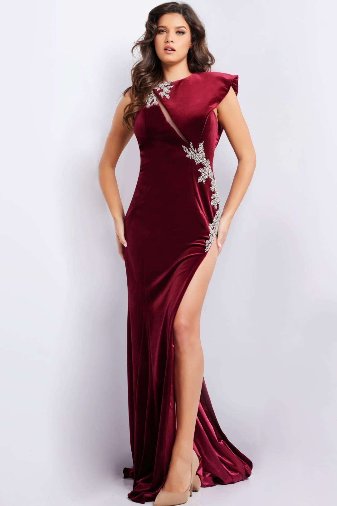 Velvet Fitted One Shoulder Slit Gown by Jovani 37341 - Long Formal Dresses