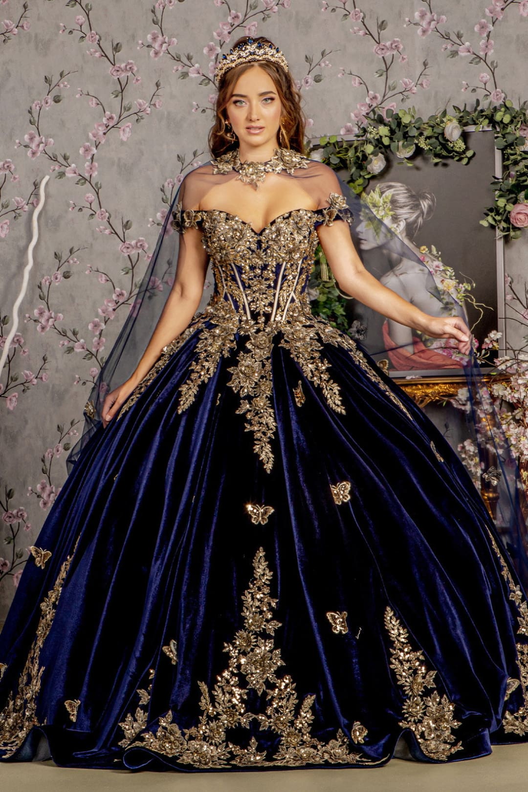 navy blue and gold quince dress Velvet Off Shoulder Cape Ball Gown by GLS Gloria GL3471 M / Navy