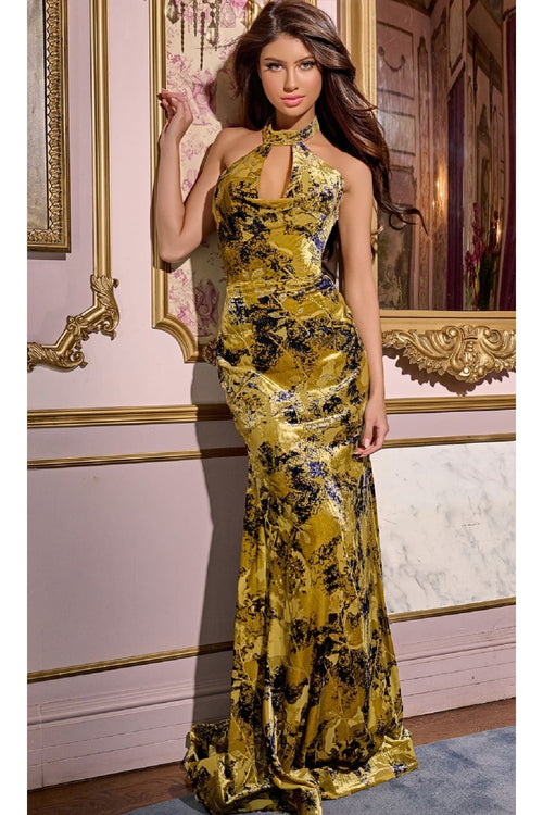 Velvet Print Halter Prom Dress: Jovani 43388 - Olive/Navy / Apparel & Accessories > Clothing > Dresses
