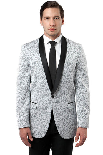 Chaqueta de esmoquin con estampado paisley y solapa chal de un botón para hombre en gris plateado