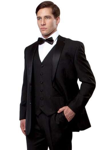 Esmoquin negro ajustado con dos botones y muesca para hombre