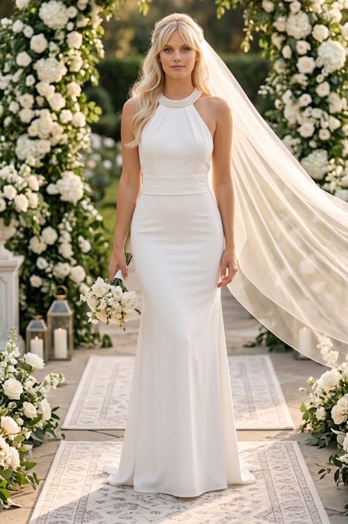 Eva USA 3408 Bridal Long Beaded Halter Wedding Dress